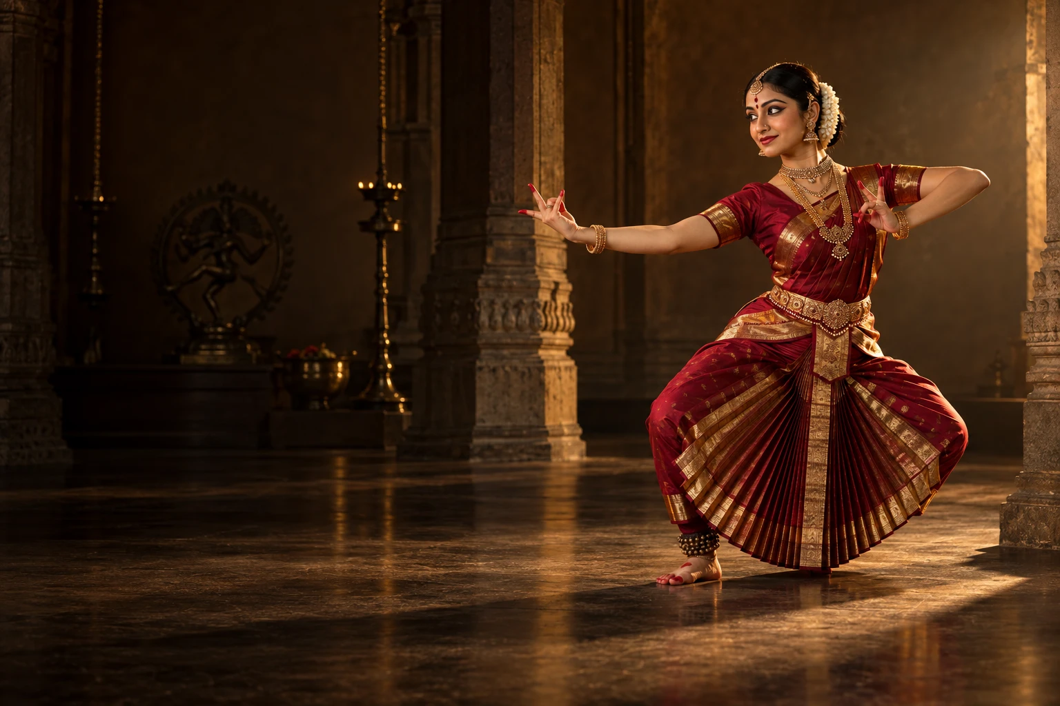 Concept portrait of a Bharatanatyam dancer in a crimson and gold costume